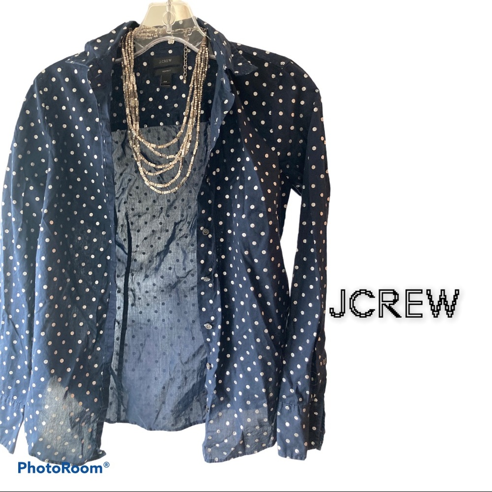 J.CREW Perfect navy sheer polka dot button top 00